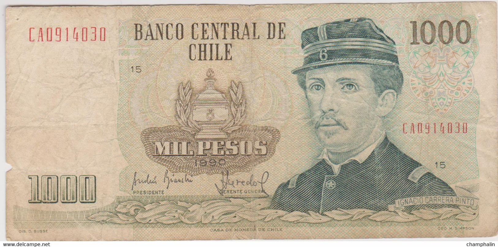 Chili - Billet De 1000 Pesos - Ignacio Carrera Pinto - 1990 - P154c - Cile