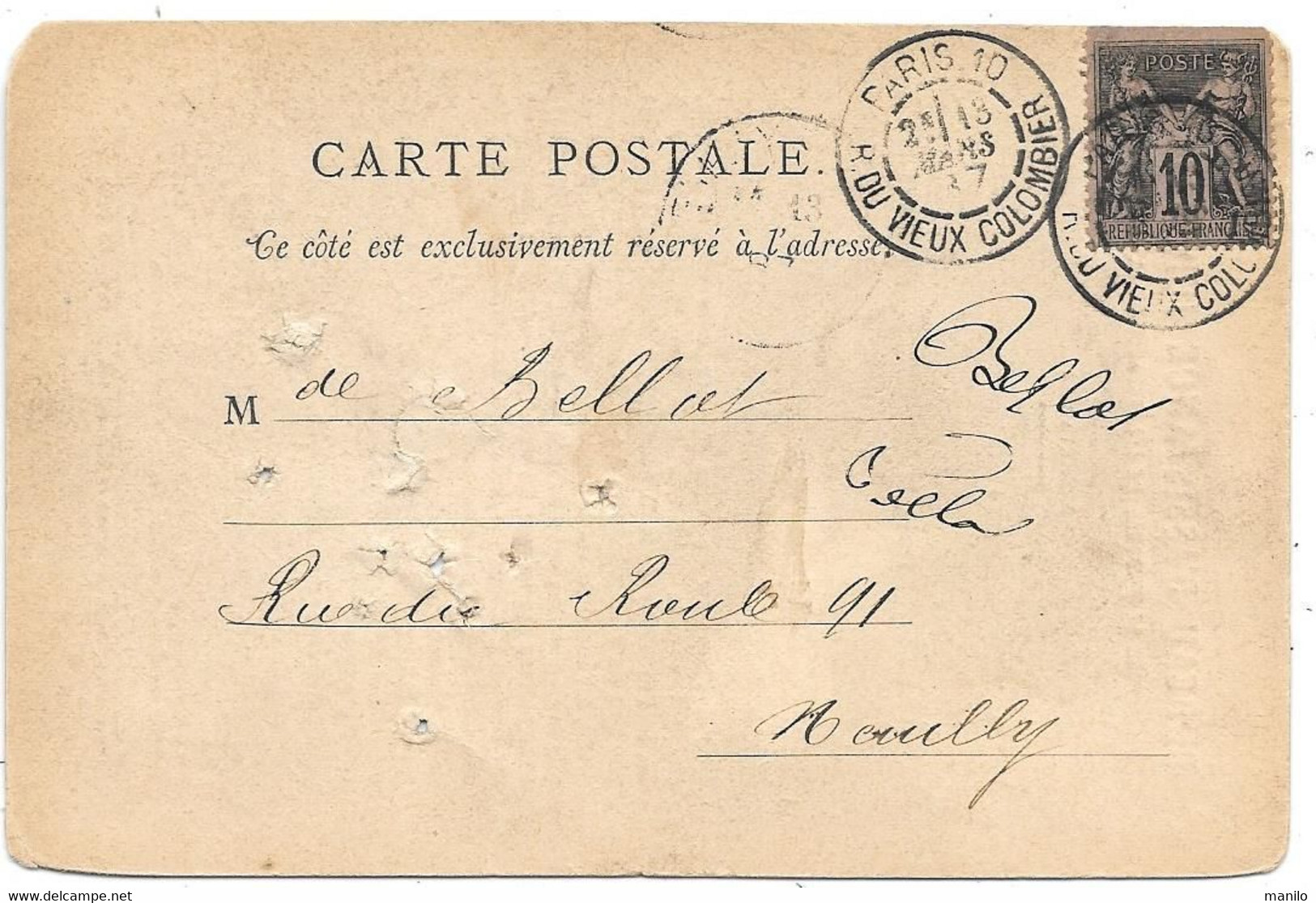 Carte Précurseur Repiquage BUREAU ASSISTANCE JUDICIAIRE 1887 (Refus) Timbre Type SAGE  Paris - Neuilly S/seine -65542 - Voorloper Kaarten
