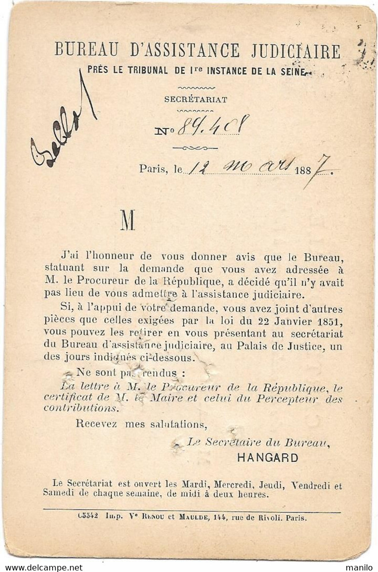 Carte Précurseur Repiquage BUREAU ASSISTANCE JUDICIAIRE 1887 (Refus) Timbre Type SAGE  Paris - Neuilly S/seine -65542 - Precursor Cards