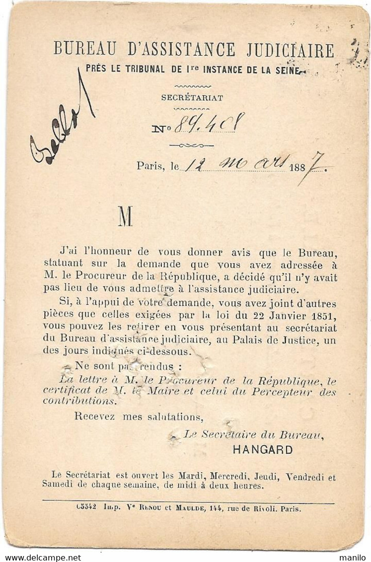 Carte Précurseur Repiquage BUREAU ASSISTANCE JUDICIAIRE 1887 (Refus) Timbre Type SAGE  Paris - Neuilly S/seine -65542 - Vorläufer