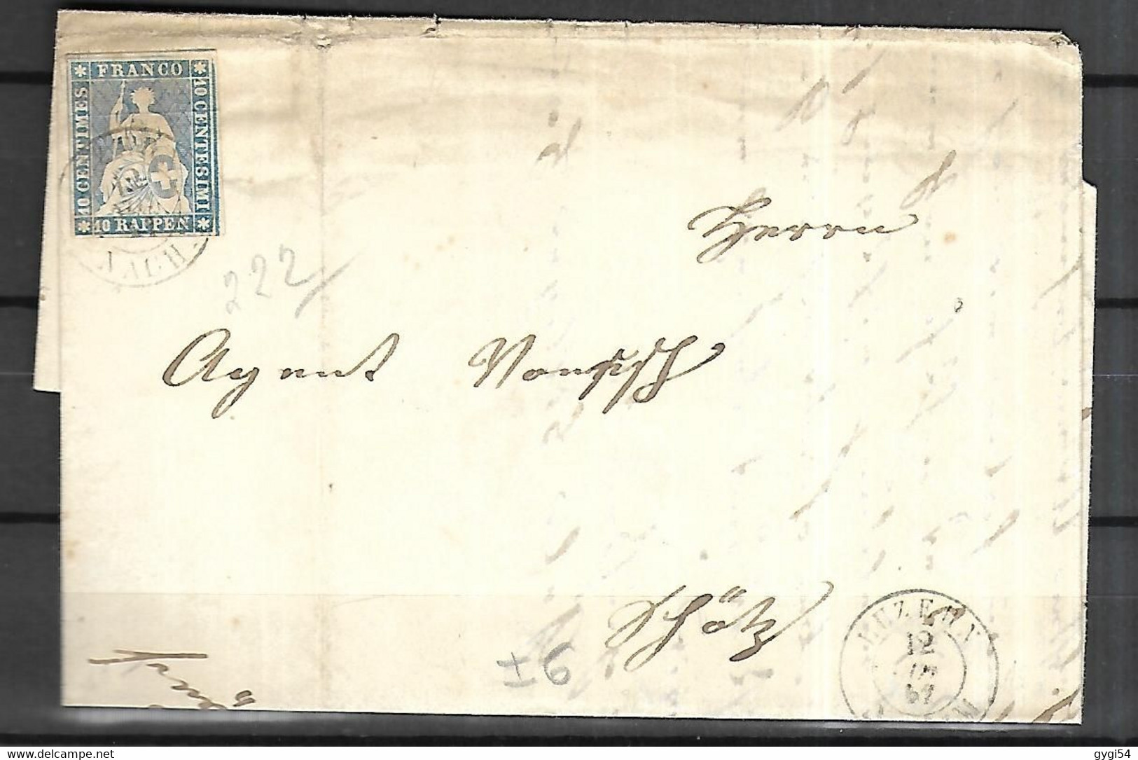 SUISSE    N°  27   SEUL SUR LETTRE Pour Lucerne LE 12 Mars 1857 - Brieven En Documenten