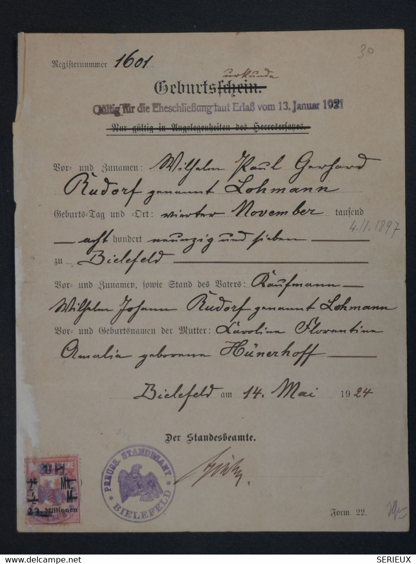 BI 6 PRUSSE GERMANY ACTE DE NAISSANCE  1921 GEBURSTCHEIN ? + ++ TIMBRE INTERESSANT - Non Classés