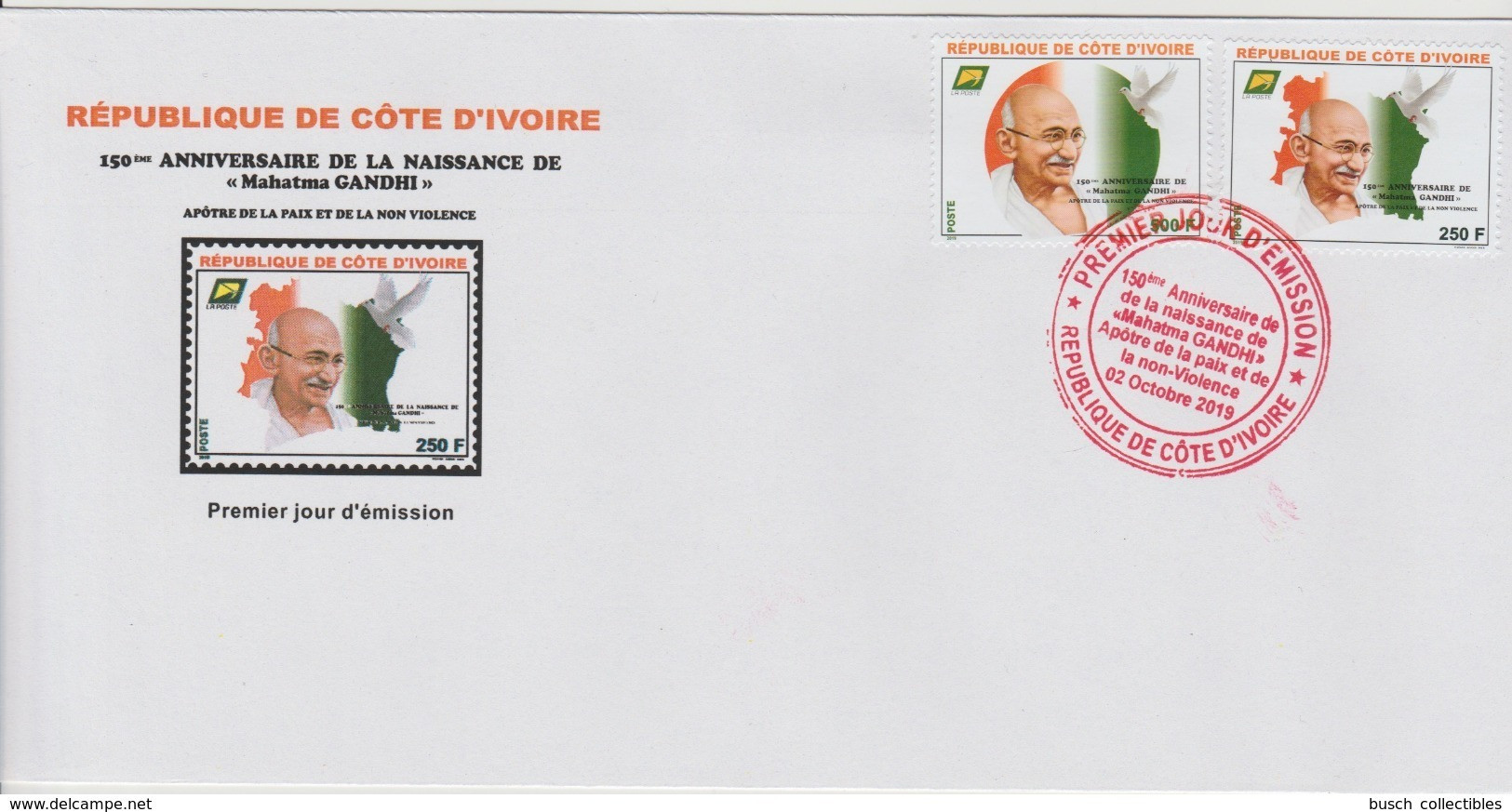 Côte D'Ivoire Ivory Coast 2019 FDC 1er Jour Mi. ? 150ème Anniversaire Mohandas Mahatma Gandhi Peace Dove Bird - Côte D'Ivoire (1960-...)