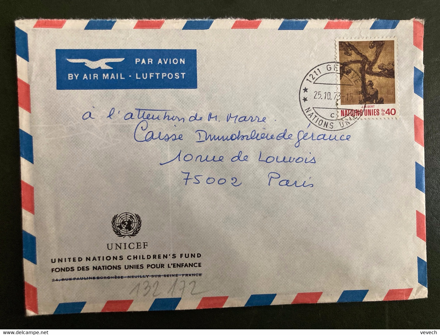 LETTRE UNICEF Par Avion Pour La FRANCE TP J.M. SERT 40 OBL.25 10 73 GENEVE NATIONS UNIES - Lettres & Documents