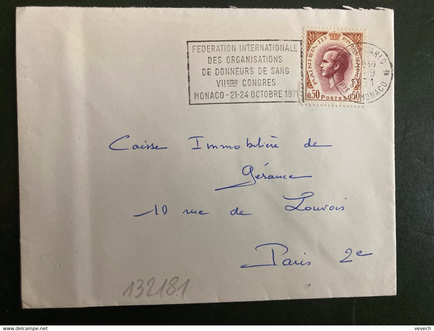 LETTRE TP RAINIER III 0,50 OBL.MEC.7-9 1971 MONTE CARLO + DONNEURS DE SANG VIIeme CONGRES 21-24 OCTOBRE 1971 - Briefe U. Dokumente