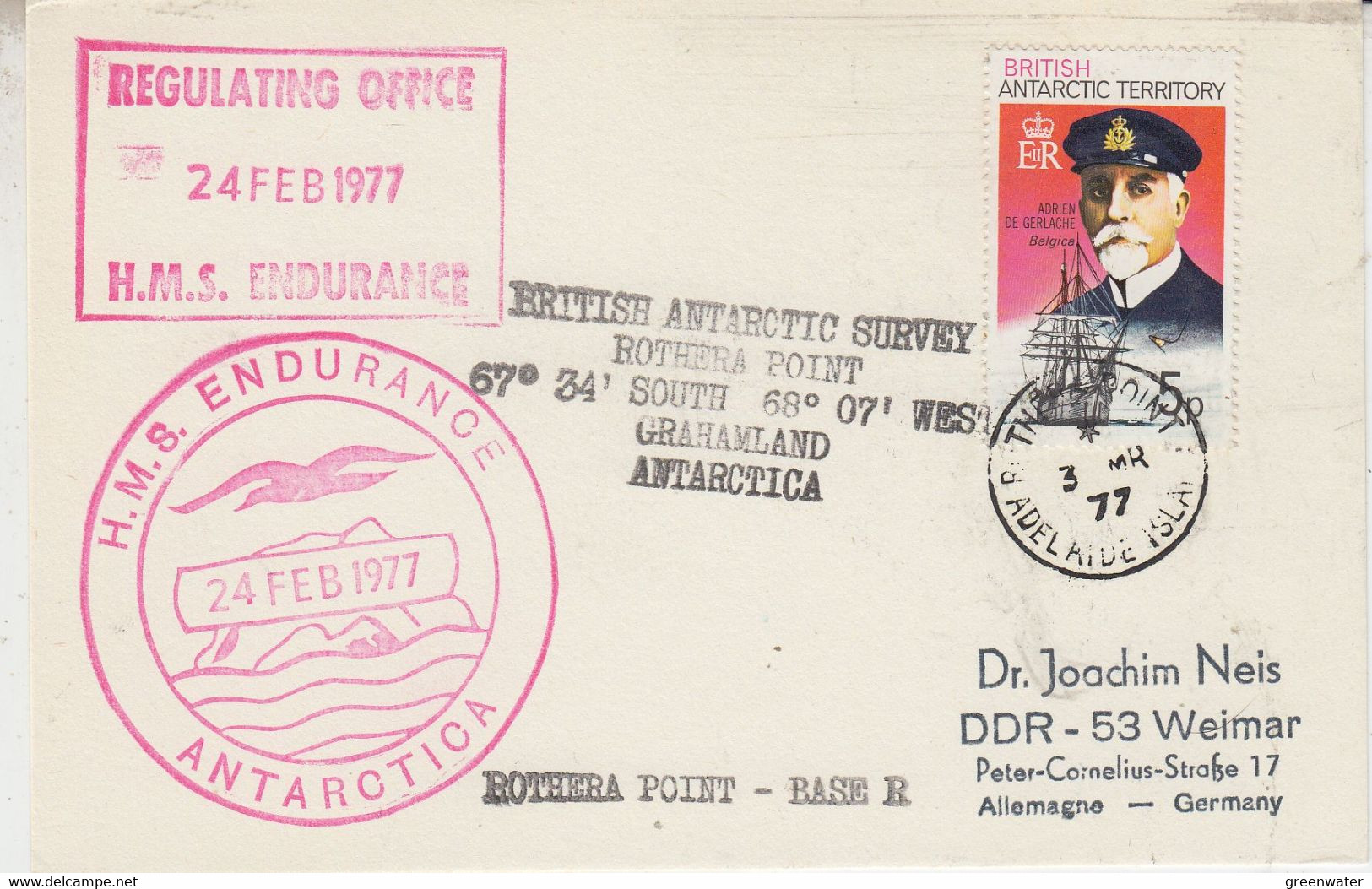 British Antarctic Territory (BAT) Card Ca HMS Endurance Ca Rothera Point Adelaide Island 3 MR 1977 (58266) - Briefe U. Dokumente