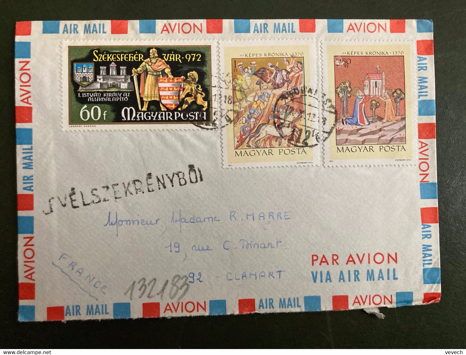 LETTRE Par Avion Pour La FRANCE TP KEPES KRONIKA 1370 2Ft50 + 1Ft + SZEKESFEHER VAR 972 60f OBL. 70 10 12 - Lettres & Documents