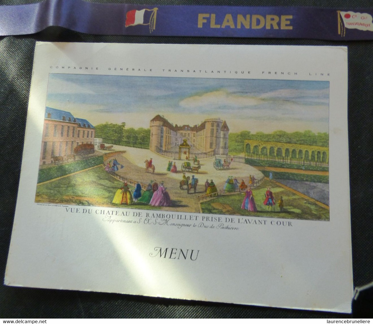 MENU COMPAGNIE GENERALE TRANSATLANTIQUE FRENCH LINE  PAQUEBOT "FLANDRE" DU 4 OCTOBRE 1966 AVEC SON RUBAN - Menükarten