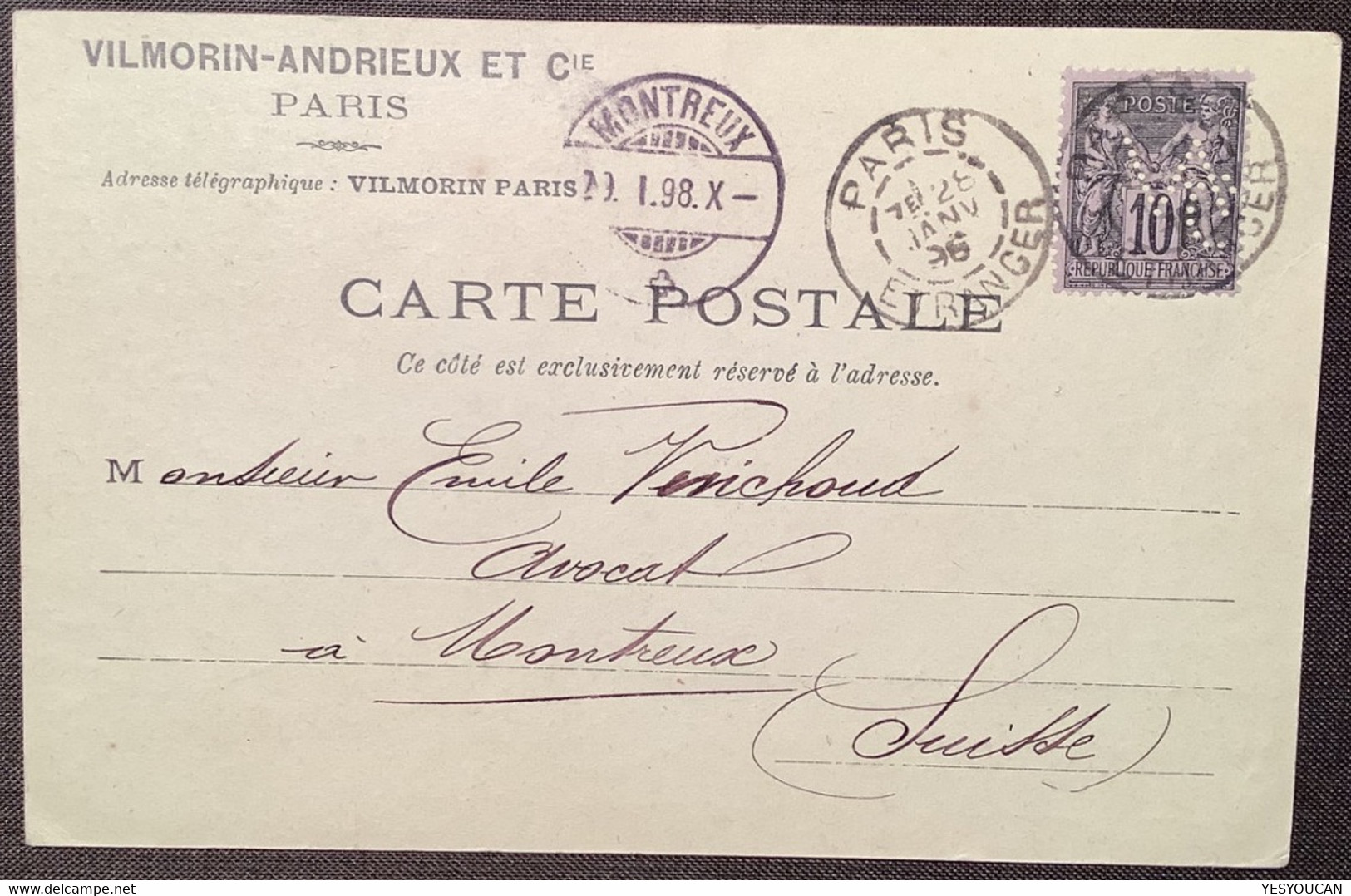 1898 PERFORÉ VILMORIN-ANDRIEUX PARIS "VAC" C.p Sage#89>Montreux Suisse (France Perfin Agriculture Seed Fleur Flowers - Cartas & Documentos