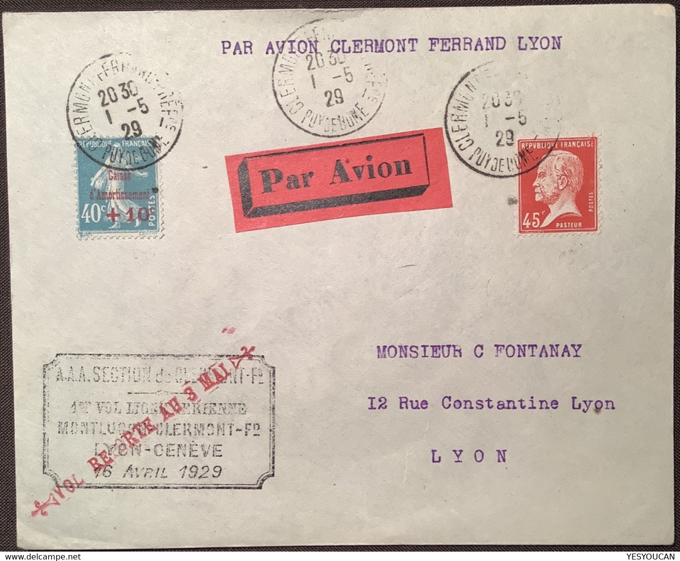 SODAC 1929 RARE ÉTAPPE 1er Vol (Montlucon) CLERMONT>LYON (Genéve) Lettre Poste Aérienne (France Suisse Schweiz Flugpost - 1927-1959 Lettres & Documents