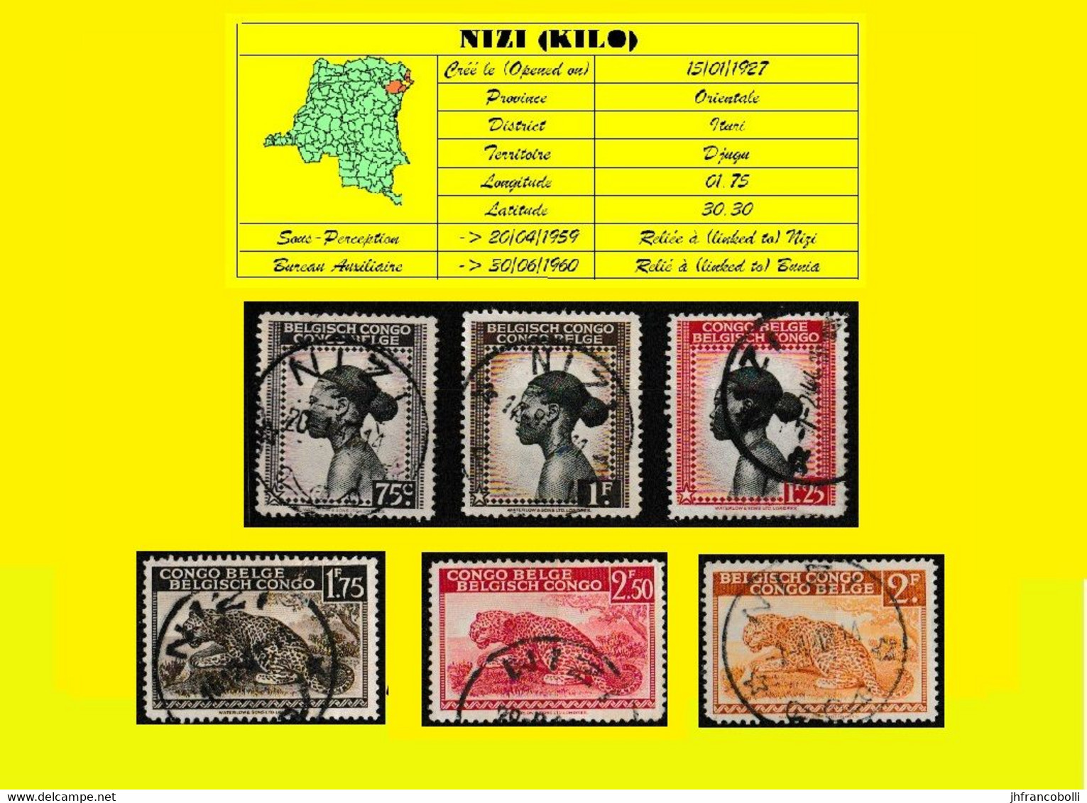 (°) BELGIAN CONGO / CONGO BELGE = NIZI CANCELATION STUDY 6 STAMPS = WOMAN HEADS ( X3 ) LEOPARDS ( X3 ) - Varietà E Curiosità