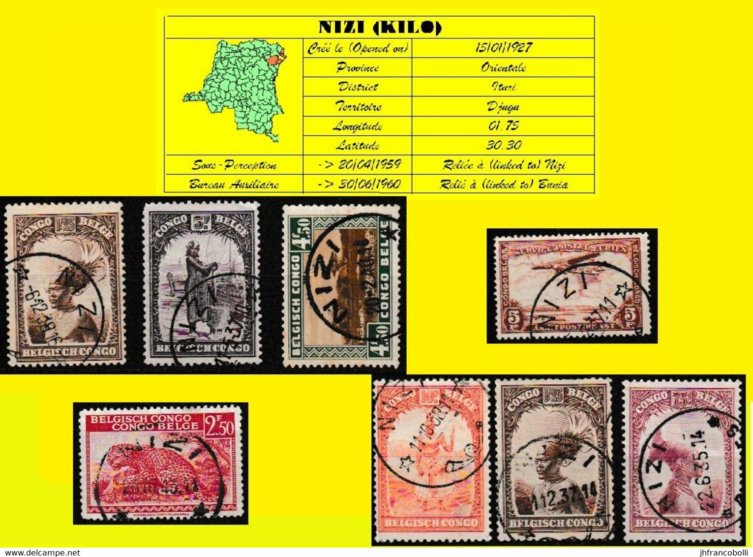 (°) BELGIAN CONGO / CONGO BELGE = NIZI CANCELATION STUDY 8 STAMPS - Variétés Et Curiosités