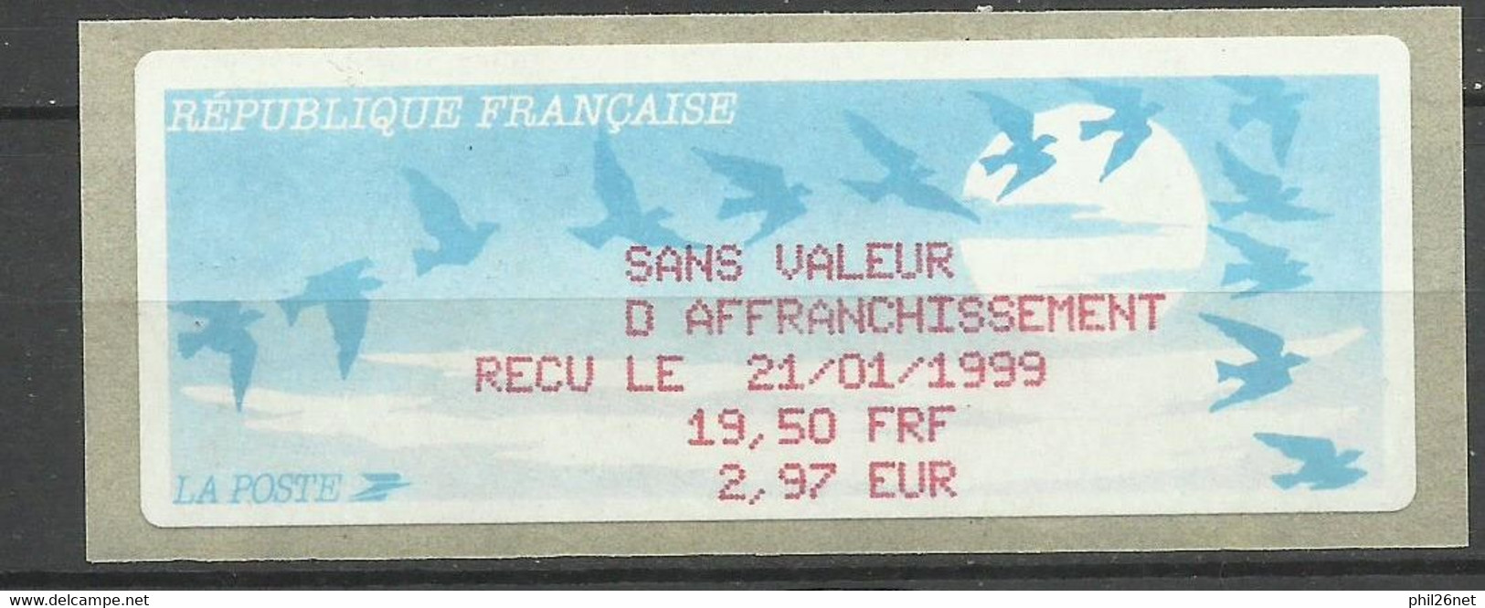 Vignette D'affranchissement Oiseaux De Jubert  Reçu 19,50Fn= 2,97 € Le 21/01/1999   Neuf  B/TB Voir Scan Soldé - 1990 « Oiseaux De Jubert »