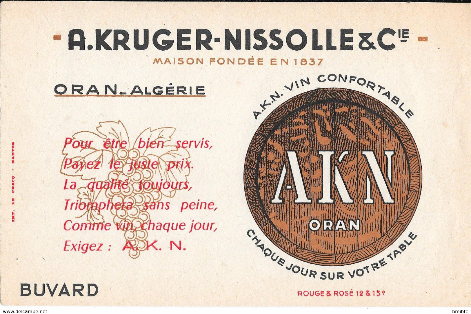 Buvard - A. KRUGER - NISSOLLE & Cie - ORAN-ALGÉRIE - A.K.N. Vin Confortable - V