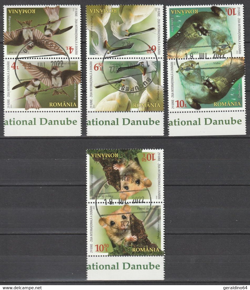 Rumänien Roumanie 2022 Wildtiere An Der Donau Vögel Otter Maus Kehrdruck Tete Beche Gestempelt Used Auflage: 820 Stk.RAR - Used Stamps