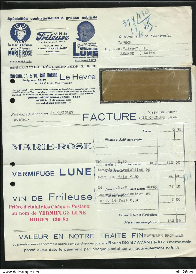 France N° 288 Seul Sur Lettre-facture Illustrée Vermifuge Lune +++   Le Havre Le22/10/1934 B/TB Voir Scans Soldé ! ! ! - Pharmacie