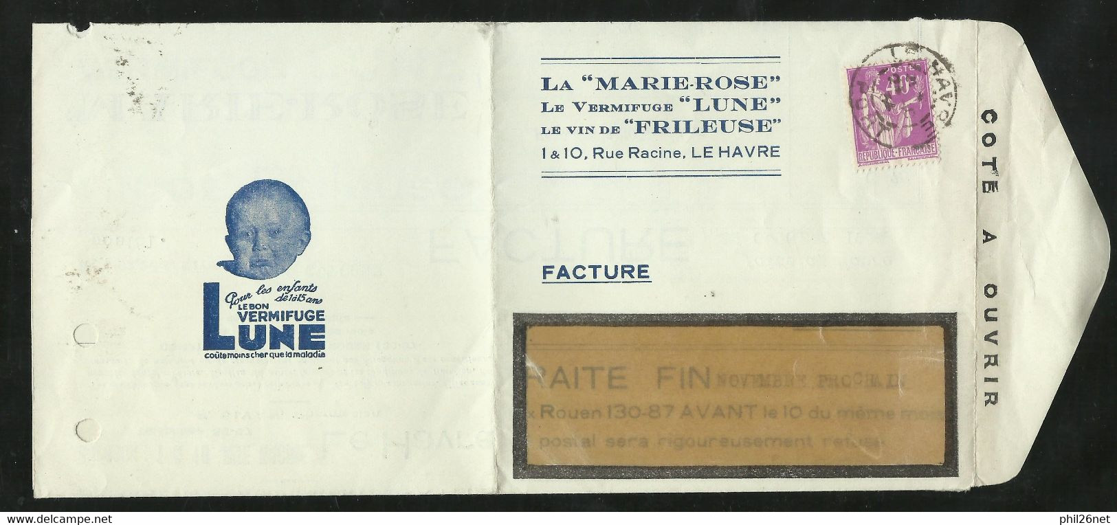 France N° 288 Seul Sur Lettre-facture Illustrée Vermifuge Lune +++   Le Havre Le22/10/1934 B/TB Voir Scans Soldé ! ! ! - Pharmacy