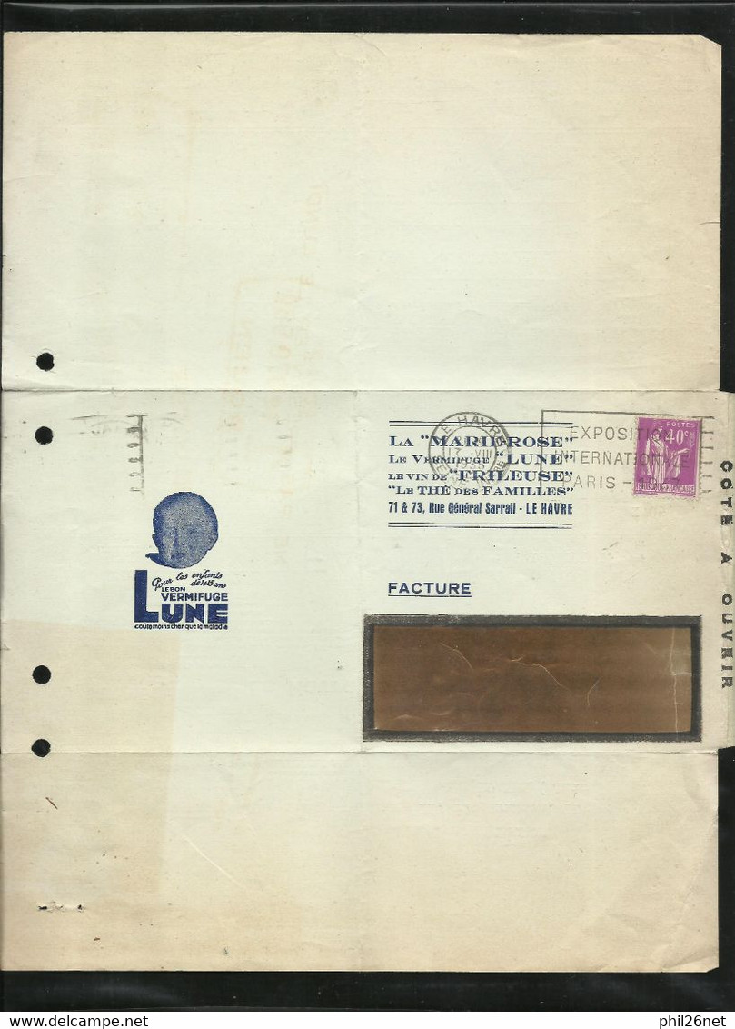 France N° 288 Seul Sur Lettre-facture Illustrée Vermifuge Lune Le Havre 17/8/1935 Flamme Expo Paris 1937 B/TB Voir Scans - Covers & Documents