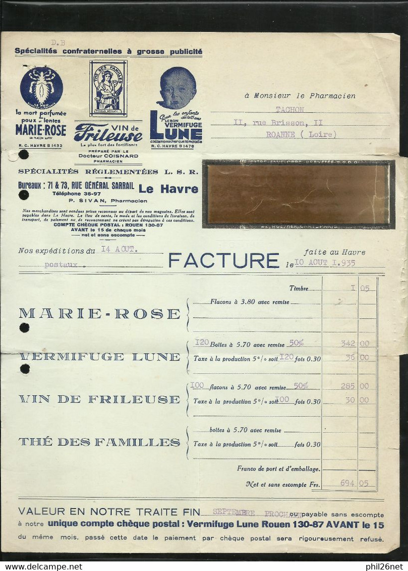 France N° 288 Seul Sur Lettre-facture Illustrée Vermifuge Lune Le Havre 17/8/1935 Flamme Expo Paris 1937 B/TB Voir Scans - Covers & Documents