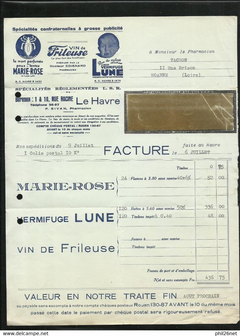 France N° 288 Seul Sur Lettre-facture Illustrée Vermifuge Lune Le Havre 17/8/1935 Flamme Expo Paris 1937 B/TB Voir Scans - Storia Postale