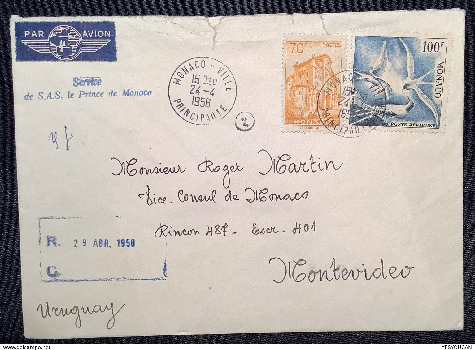 Monaco 1958 RARE Lettre SERVICE S.A.S PA 66 1957 100f Oiseaux De Mer STERNES>Uruguay(P.A Par Avion Birds Cover - Poste Aérienne