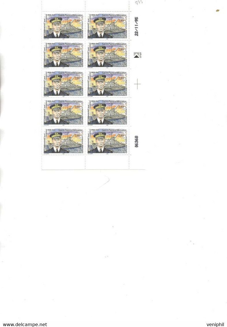 ST PIERRE ET MIQUELON - N° 624 BLOC DE 10 NEUF XX  COIN DATE -ANNEE 1995 - COTE : 16 € - Unused Stamps