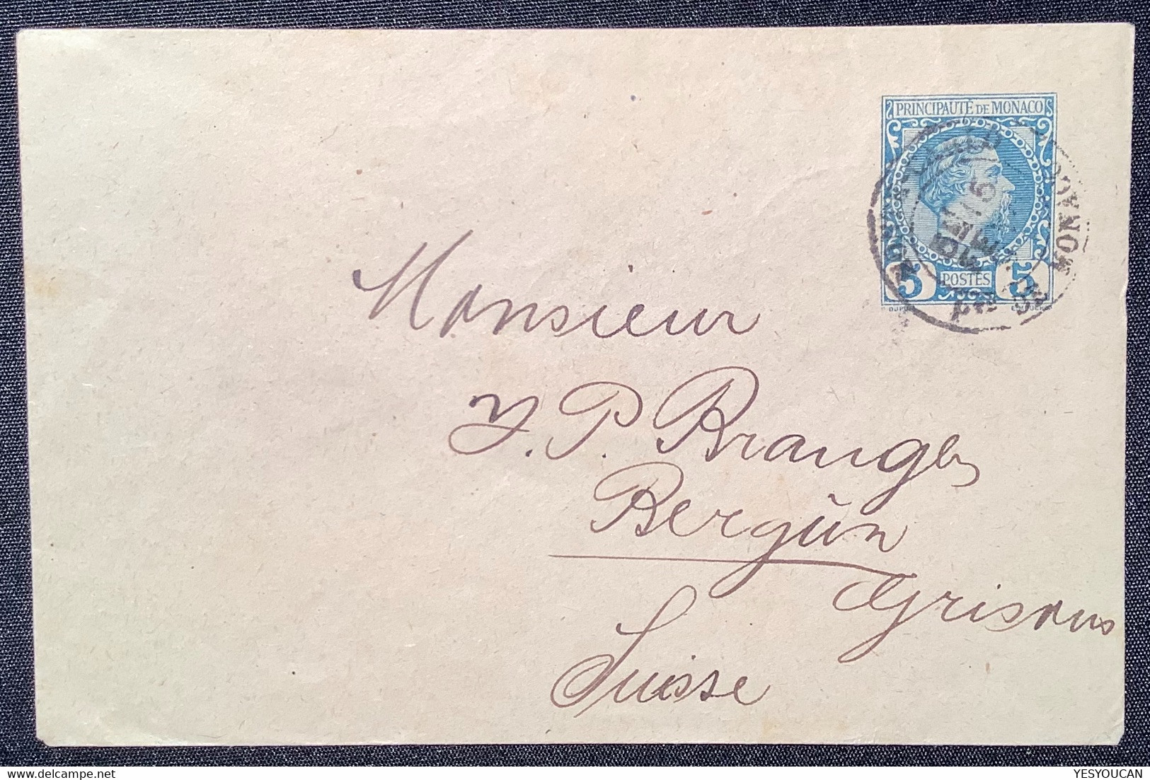 Monaco Entier Postal 5c Charles III Cad MONTE CARLO 1894>BERGÜN, Grisons Suisse (Schweiz Graubünden GR) - Postal Stationery