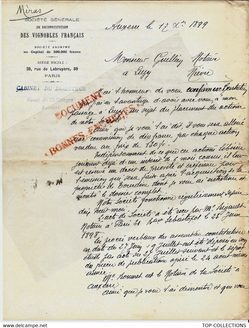 1899 PHYLLOXERA SOCIETE CREE POUR RECONSTITUTION DU VIGNOBLE FRANÇAIS   RECHERCHE SOUSCRIPTEURS ACTIONS NOTAIRE V.TEXTE - Historische Dokumente