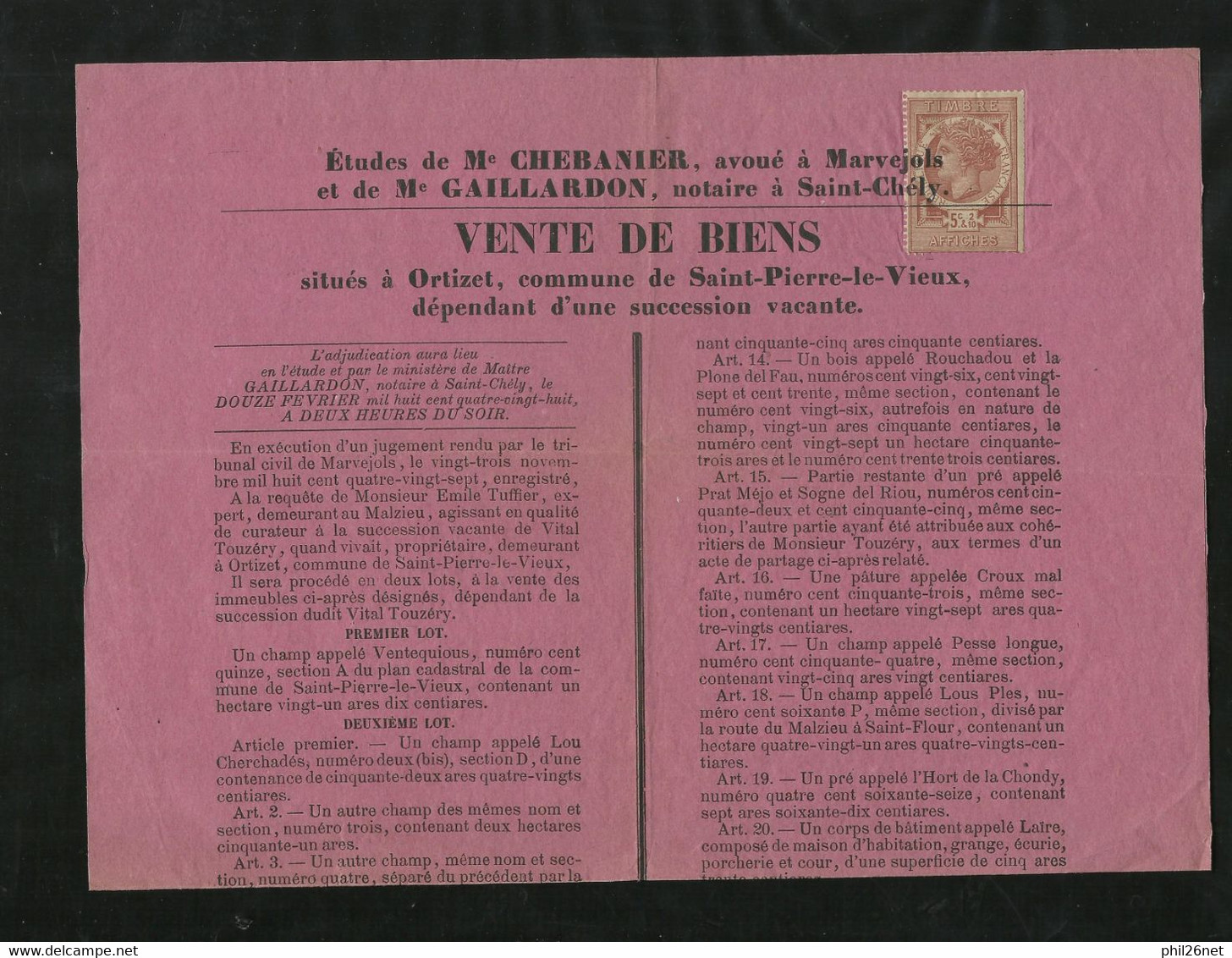 France Fiscal Affiches N° 10 Sur Affiche De Vente Immobilière à Marvejols Le 12/02/1888   B/TB Voir Scans Soldé ! ! ! - Briefe U. Dokumente