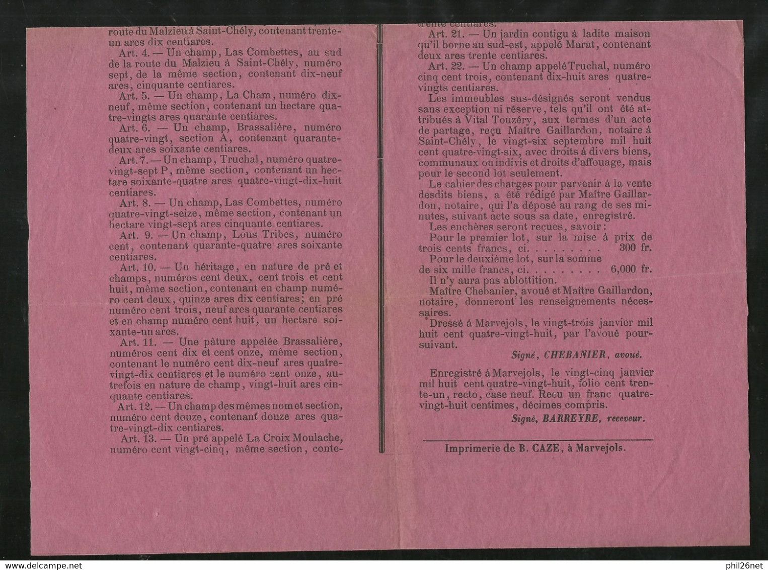 France Fiscal Affiches N° 10 Sur Affiche De Vente Immobilière à Marvejols Le 12/02/1888   B/TB Voir Scans Soldé ! ! ! - Lettres & Documents