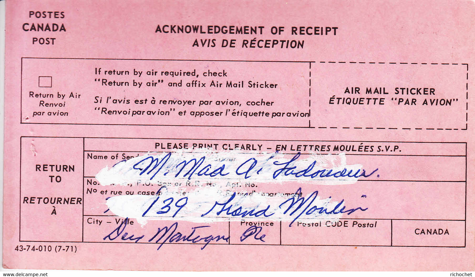 CANADA - Avis De Réception Obl. De Deux Montagnes Québec - Registration & Officially Sealed