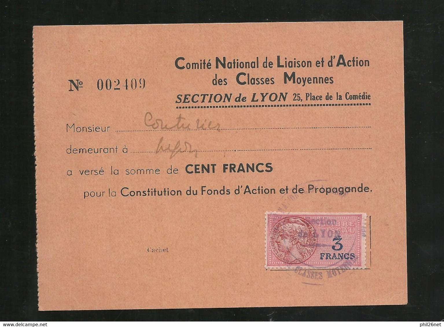 Fiscal  N°182 Sur Bon  100F Comité National De Liaison Des D'Actions Des Classes Moyennes Lyon  B/TB Voir Scans Soldé ! - Lettres & Documents