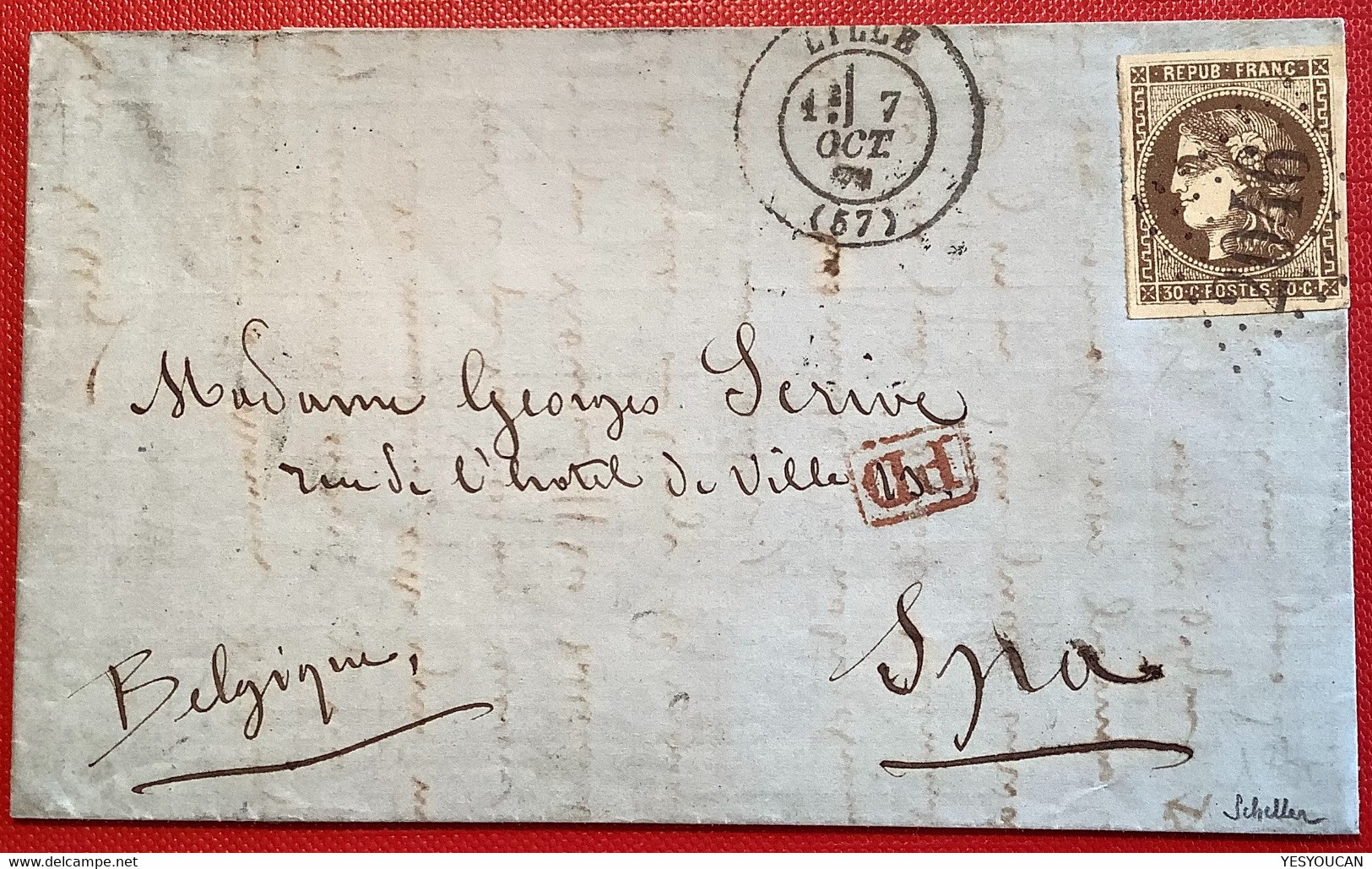 Nr.47 SUPERBE lettre LILLE 1871 (57)1870 30c brun émission Bordeaux pour Spa, Belgique, signé Scheller (France cover war