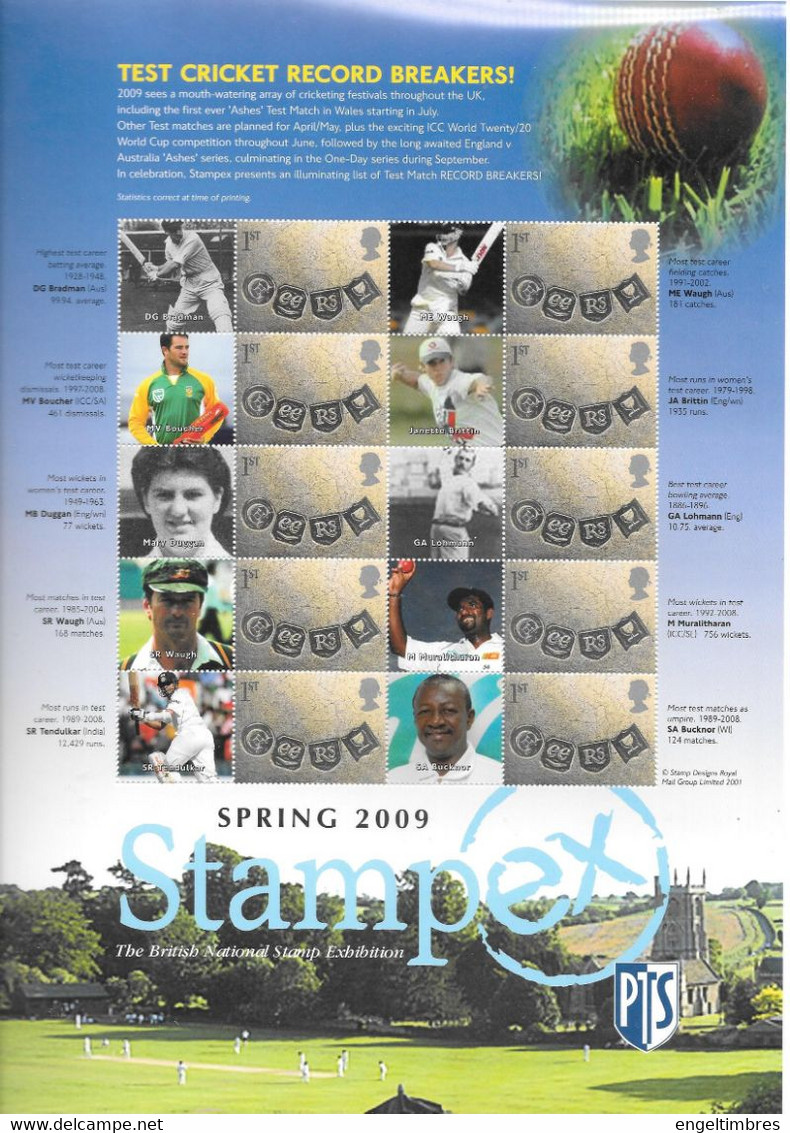 GB  STAMPEX Smilers Sheets   SPRING 2009 -    Test Cricket Record Breakers! - Francobolli Personalizzati
