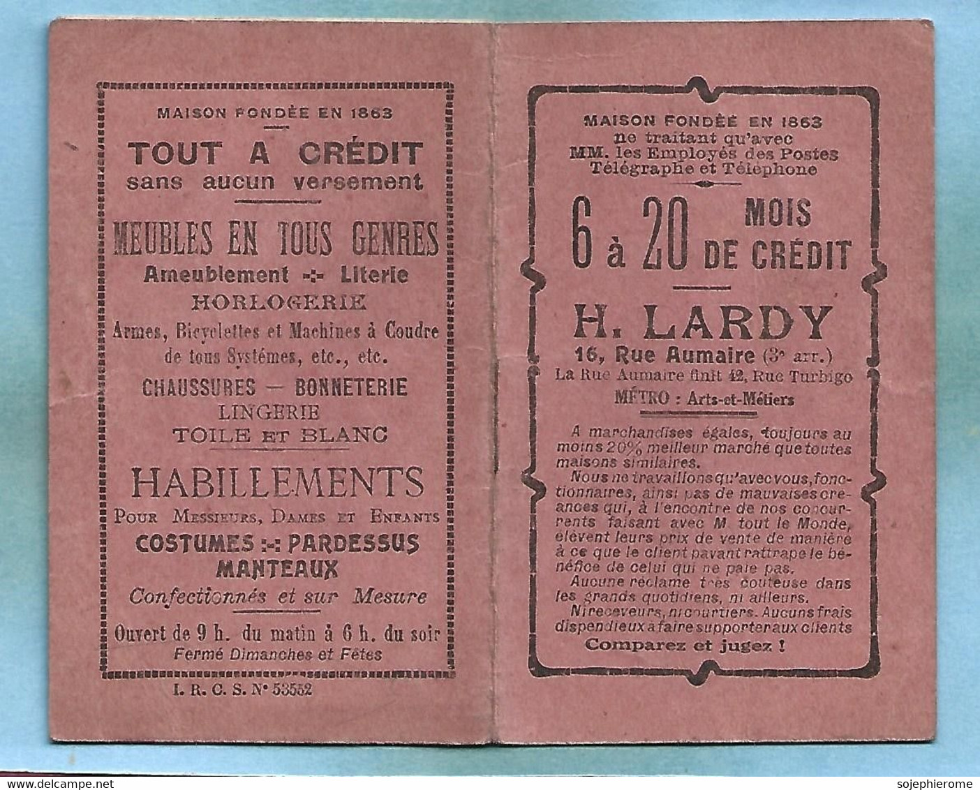 Paris 3e H. Lardy 16 Rue Aumaire Maison Fondée En 1863 Carnet écrit De Notes De Voyage Horlogerie Armes Crédit - Reclame