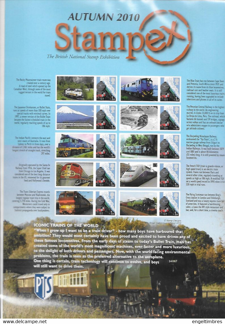 GB  STAMPEX Smilers Sheets   AUTUMN 2010 -    ICONIC TRAINS OF THE WORLD - Timbres Personnalisés