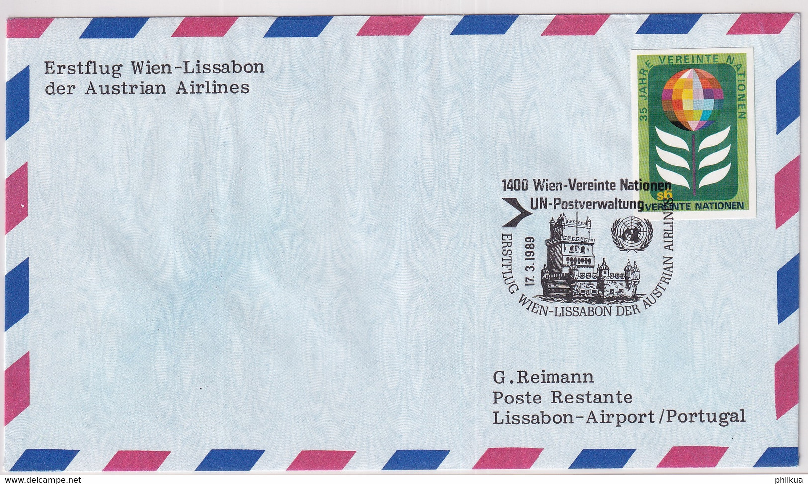 17.03.1989 - Erstflug WIEN - LISSABON Der Austrian Airlines - Nations Unies Frankatur - Autres & Non Classés
