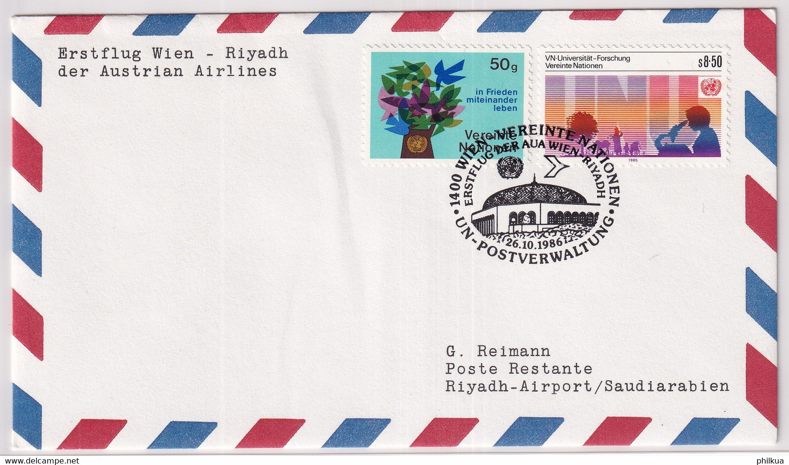 26.10.1986 - Erstflug WIEN - RIYADH Der Austrian Airlines - Nations Unies Frankatur - Autres & Non Classés