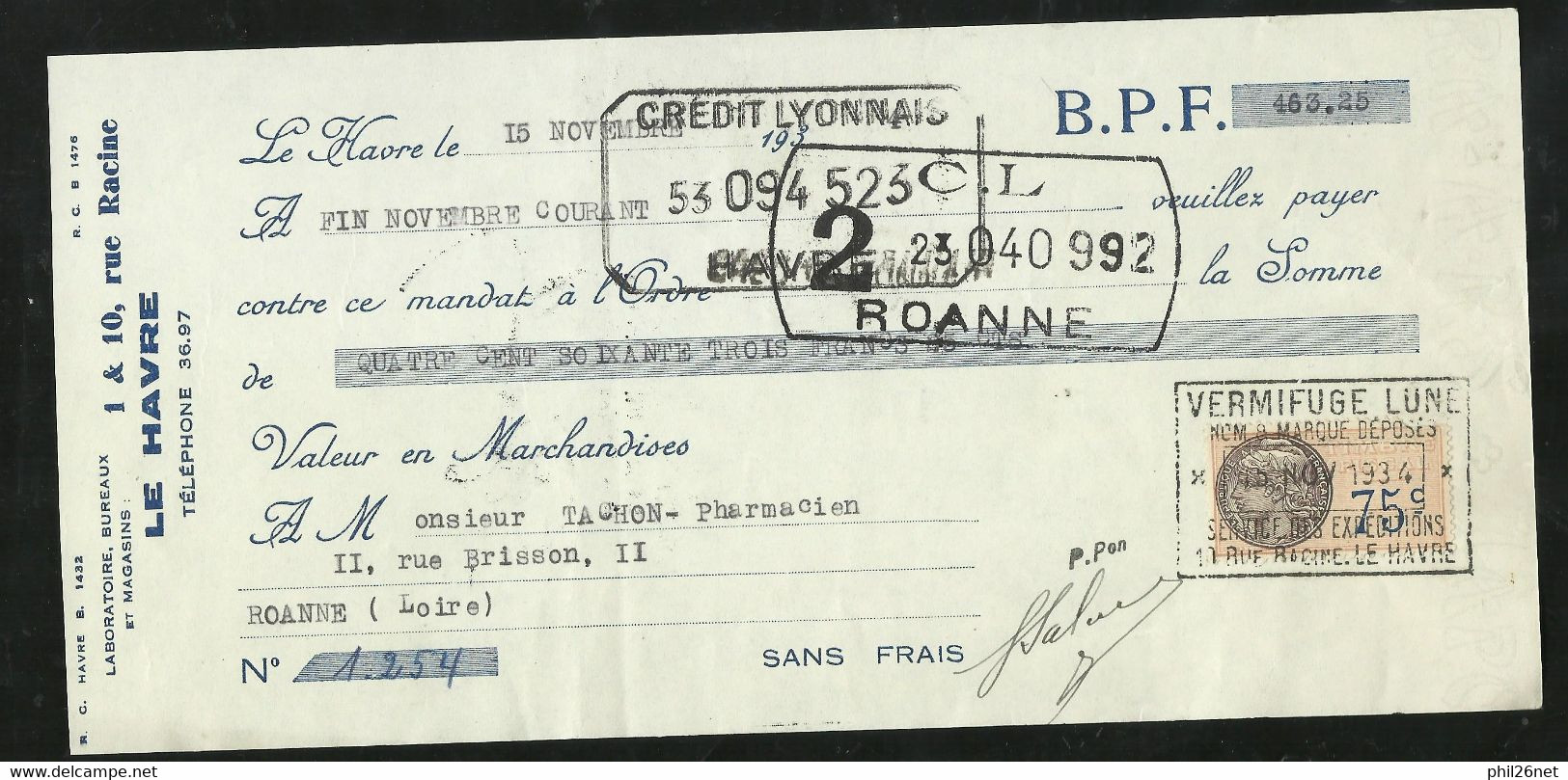 France Fiscal N° 19 Sur Effet Du  15/11/1934  Crédit Lyonnais Roanne    Vermifuge Lune B/TB Voir Scans Soldé ! ! ! - Briefe U. Dokumente