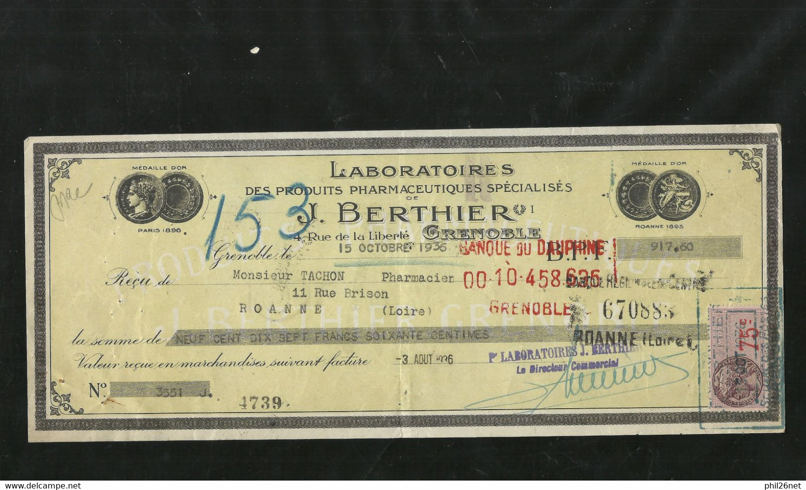 France Fiscal N° 71  Sur Lettre De Change Illustrée Laboratoires Berthier Grenoble  3/8/1936 B/TB Voir Scans Soldé ! ! ! - Briefe U. Dokumente