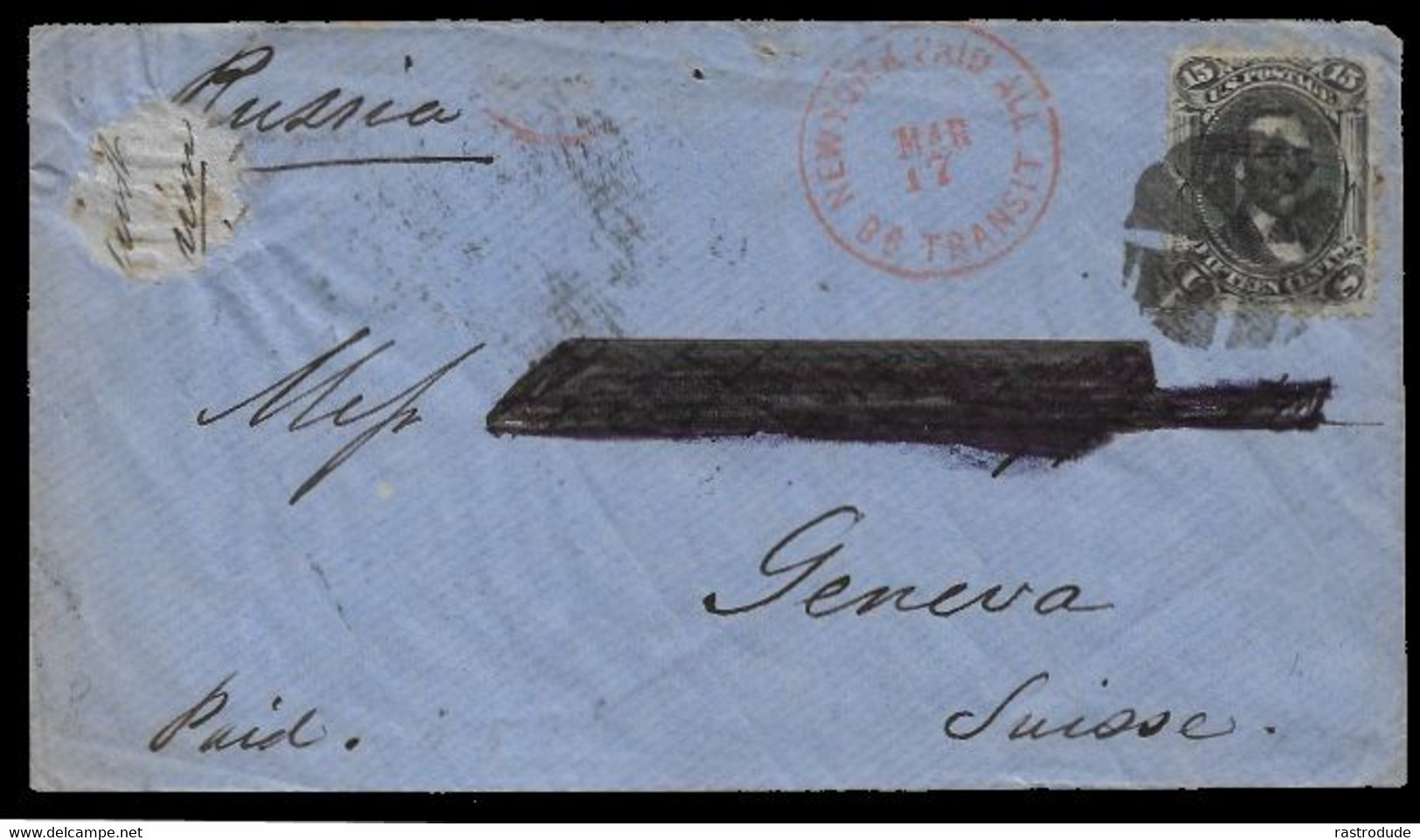 1869 15C LINCOLN F. GRILL (SC.98) ON COVER TO GENEVA, SWITZERLAND - VIA PRUSSIA CLOSED MAIL - RARE DESTINATION - Storia Postale