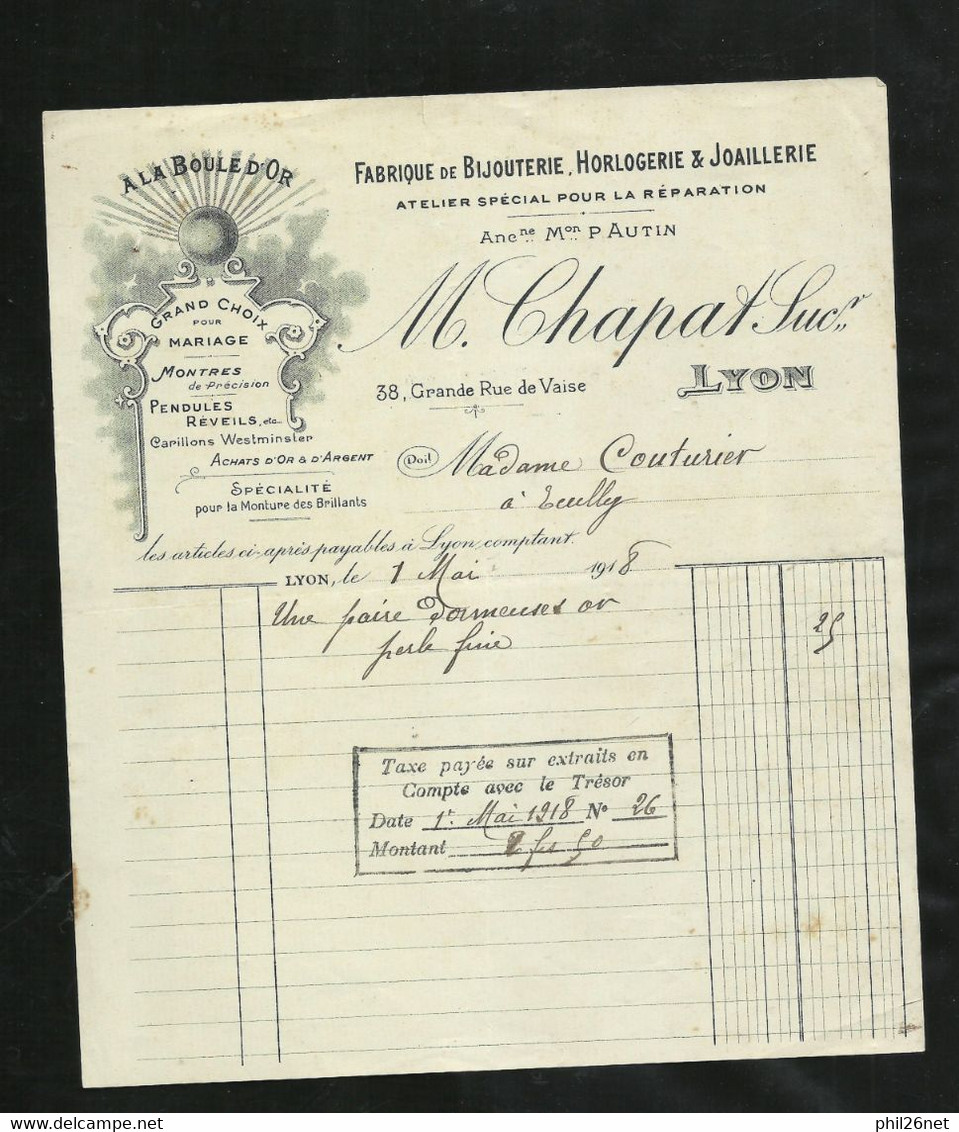 France Fiscal Droits 2F50 Acquitté Facture Illustrée Bijouterie La Boule D'or Lyon 1/9/1918 B/TB Voir Scans Soldé ! ! ! - Horlogerie