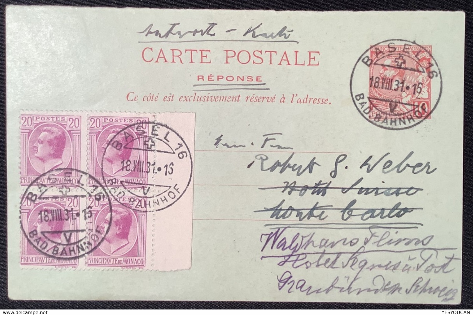Monaco Entier Postal RR! Carte Réponse Payé Cad Suisse BASEL BAD BAHNHOF1931. (postal Stationery Paid Reply Card Schweiz - Ganzsachen