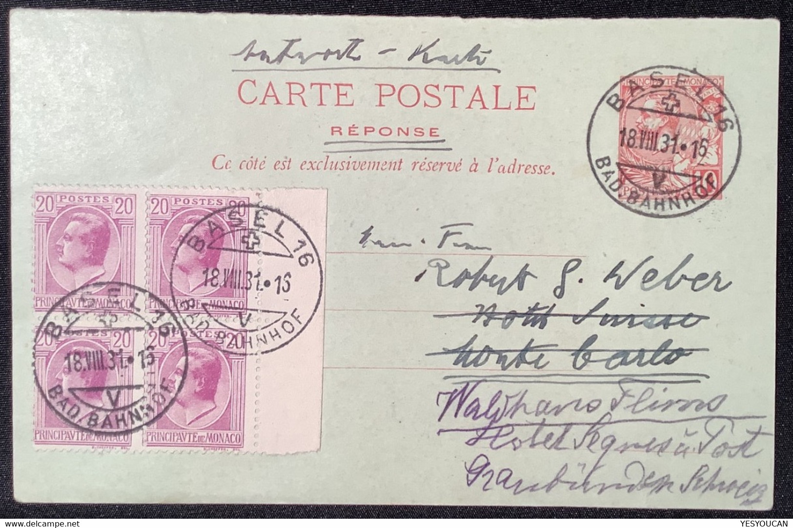 Monaco Entier Postal RR! Carte Réponse Payé Cad Suisse BASEL BAD BAHNHOF1931. (postal Stationery Paid Reply Card Schweiz - Postwaardestukken