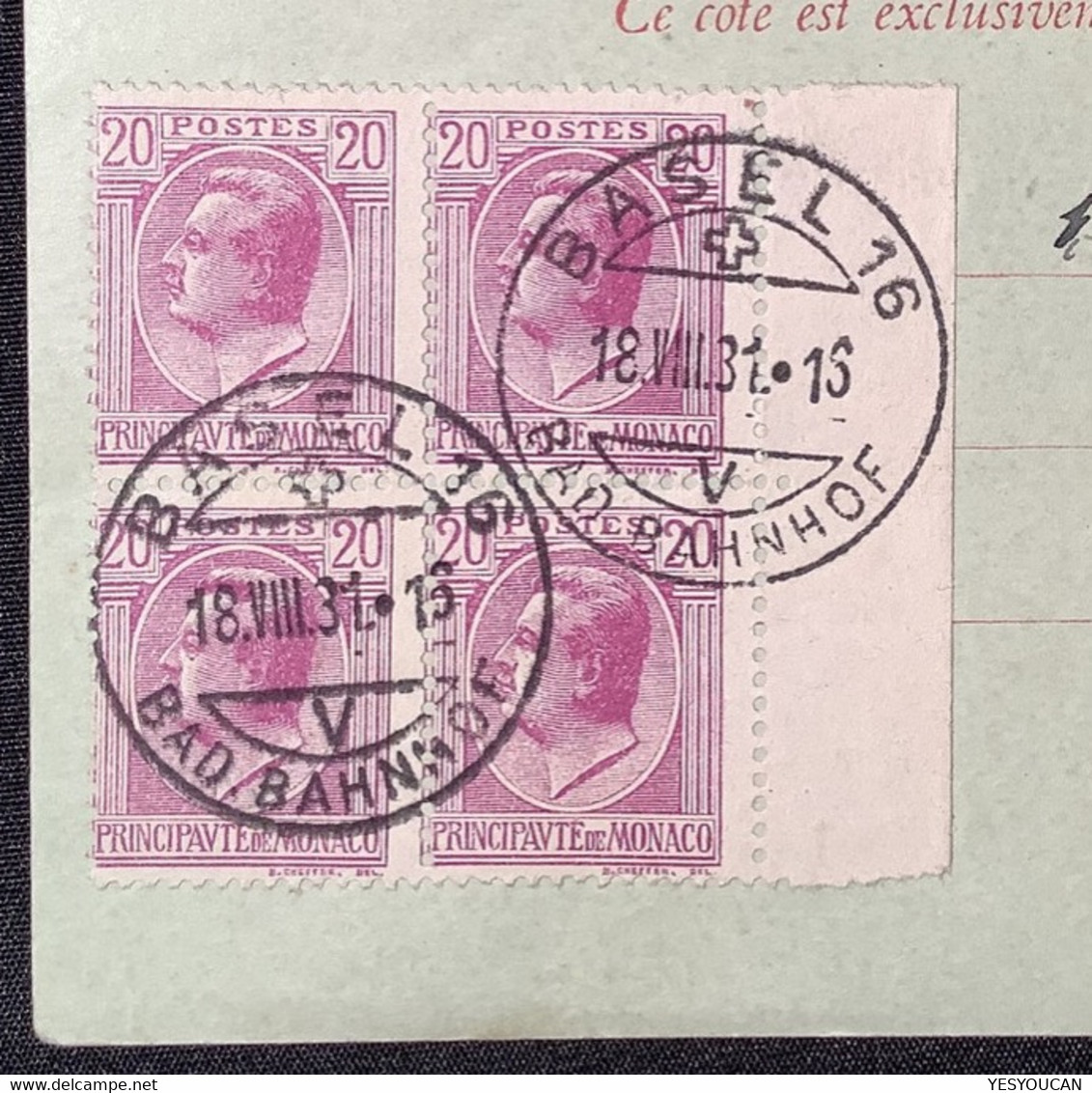 Monaco Entier Postal RR! Carte Réponse Payé Cad Suisse BASEL BAD BAHNHOF1931. (postal Stationery Paid Reply Card Schweiz - Ganzsachen