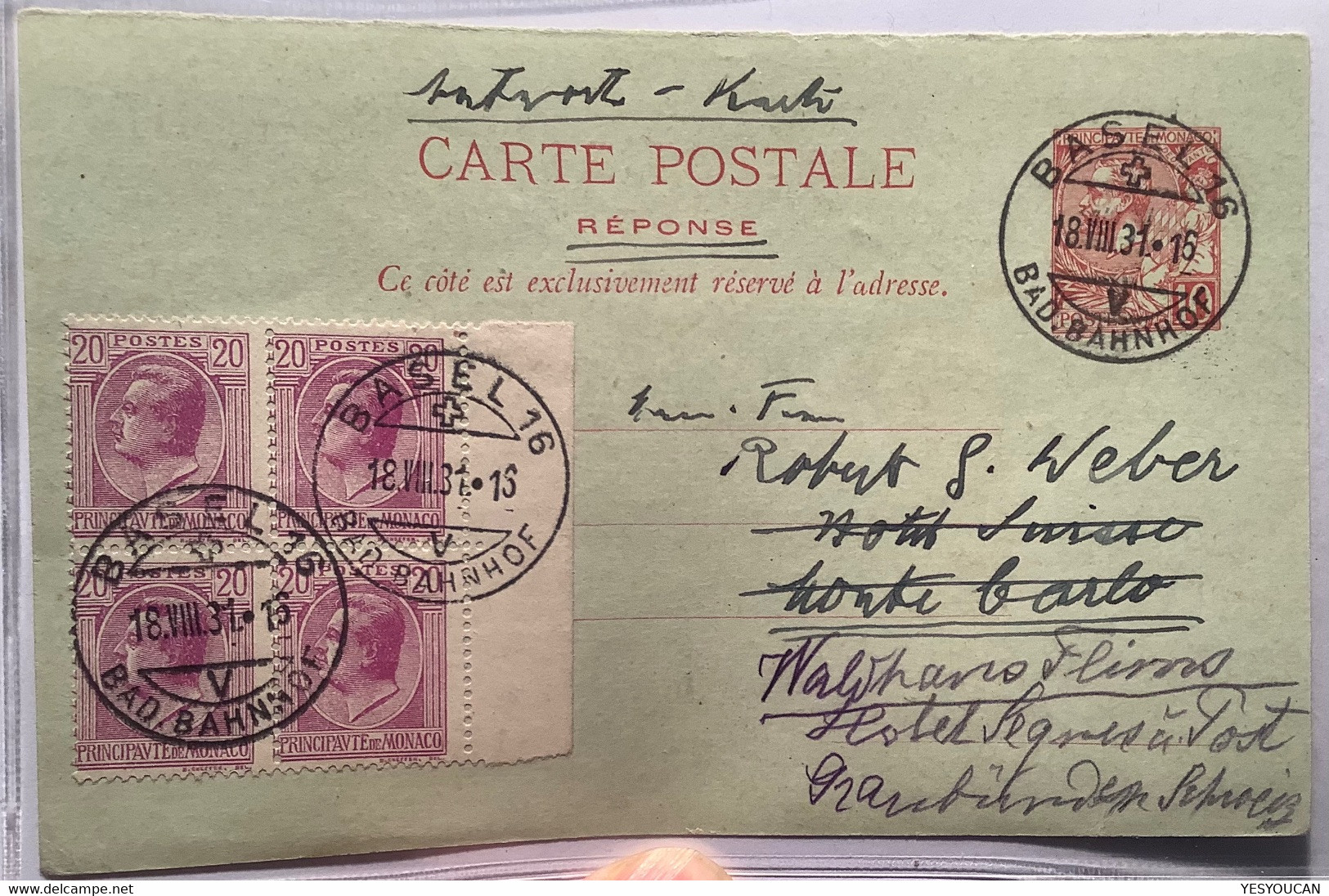 Monaco Entier Postal RR! Carte Réponse Payé Cad Suisse BASEL BAD BAHNHOF1931. (postal Stationery Paid Reply Card Schweiz - Ganzsachen