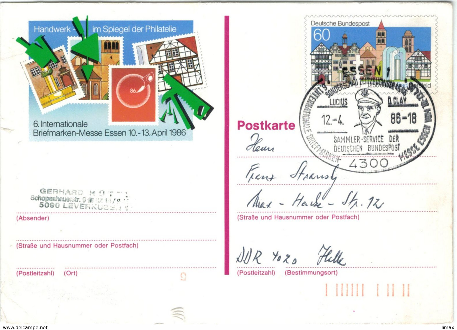 Ganzsache Briefmarkenmesse Essen 1986 - Lucius D. Clay Vgl. Gegen Morgenthauplan - Berliner Luftbrücke - Freiheitsglocke - Private Postcards - Used