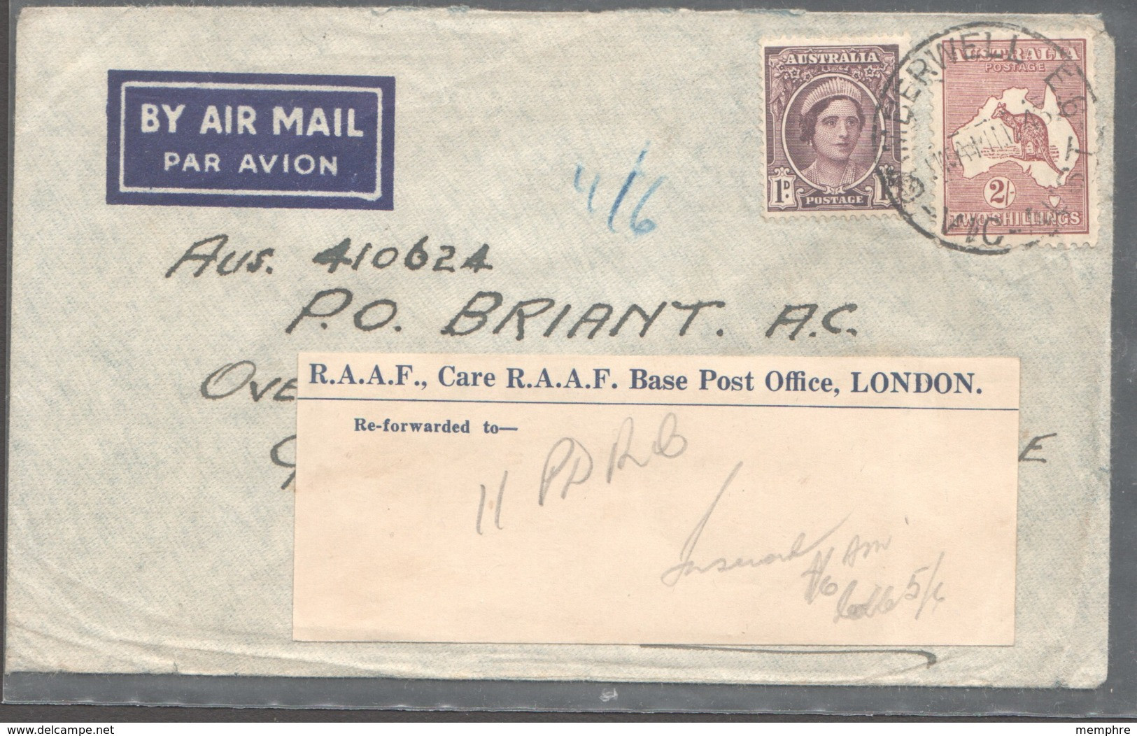 1943 Censored Air Letter To Airman In England  2/1 Rate - Redirected From R.A.A.F. Base Post Office - Briefe U. Dokumente