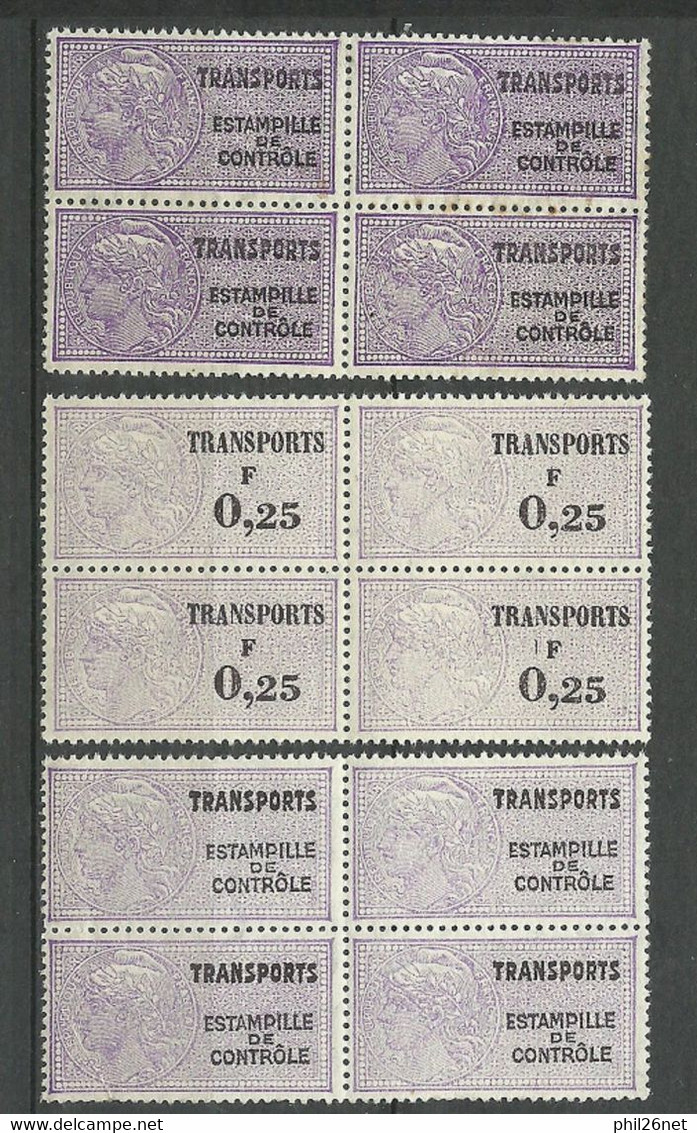 France  Fiscaux Transports  N°9A  ; 12A Et 13A  Blocs De 4    Neufs * *  B/TB     Voir Scans Soldé ! ! ! - Timbres