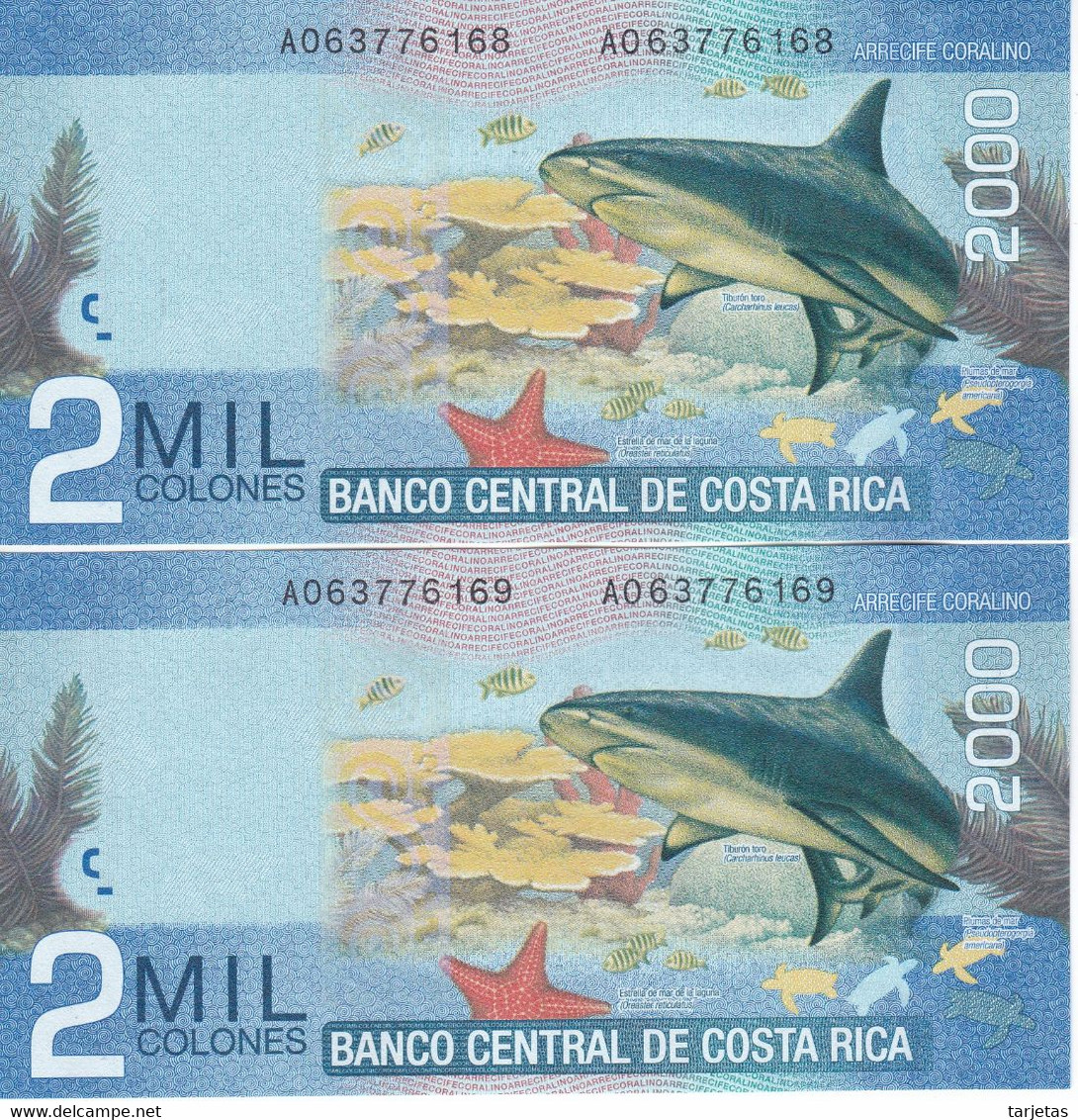 PAREJA CORRELATIVA DE COSTA RICA DE 2000 COLONES DEL AÑO 2015 SIN CIRCULAR (UNC) (TIBURON-SHARK)  (BANKNOTE) - Costa Rica